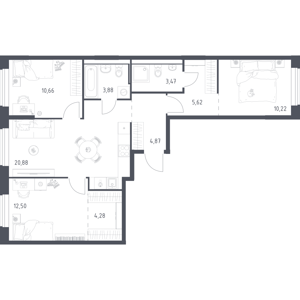 3-комнатная 76 м2 в ЖК Квартал Ивакино корпус null этаж 2
