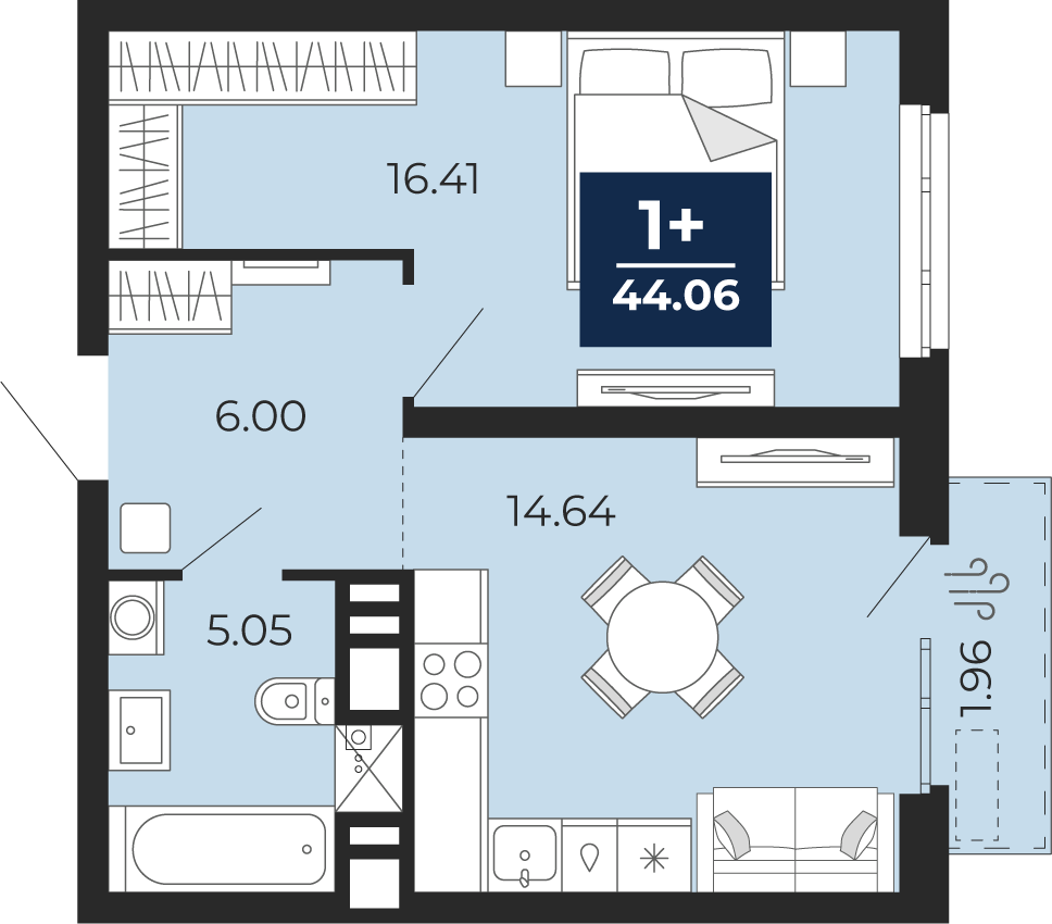 1-комнатная 42 м2 в ЖК Мириады корпус null этаж 10