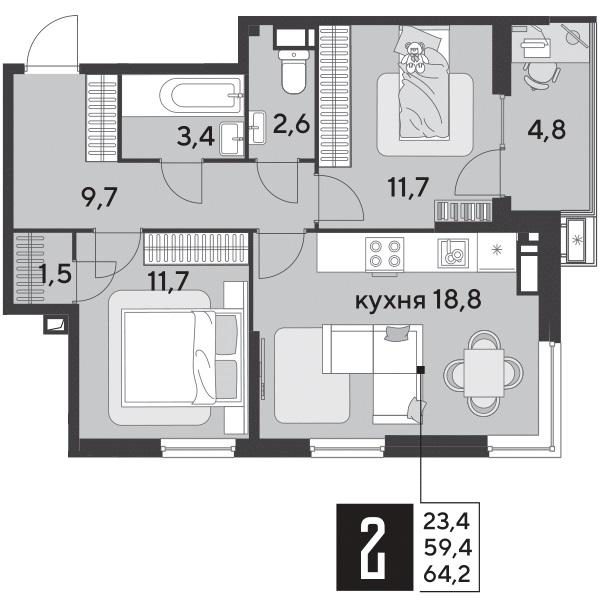 2-комнатная 63 м2 в ЖК Парк Победы 2 корпус null этаж 15