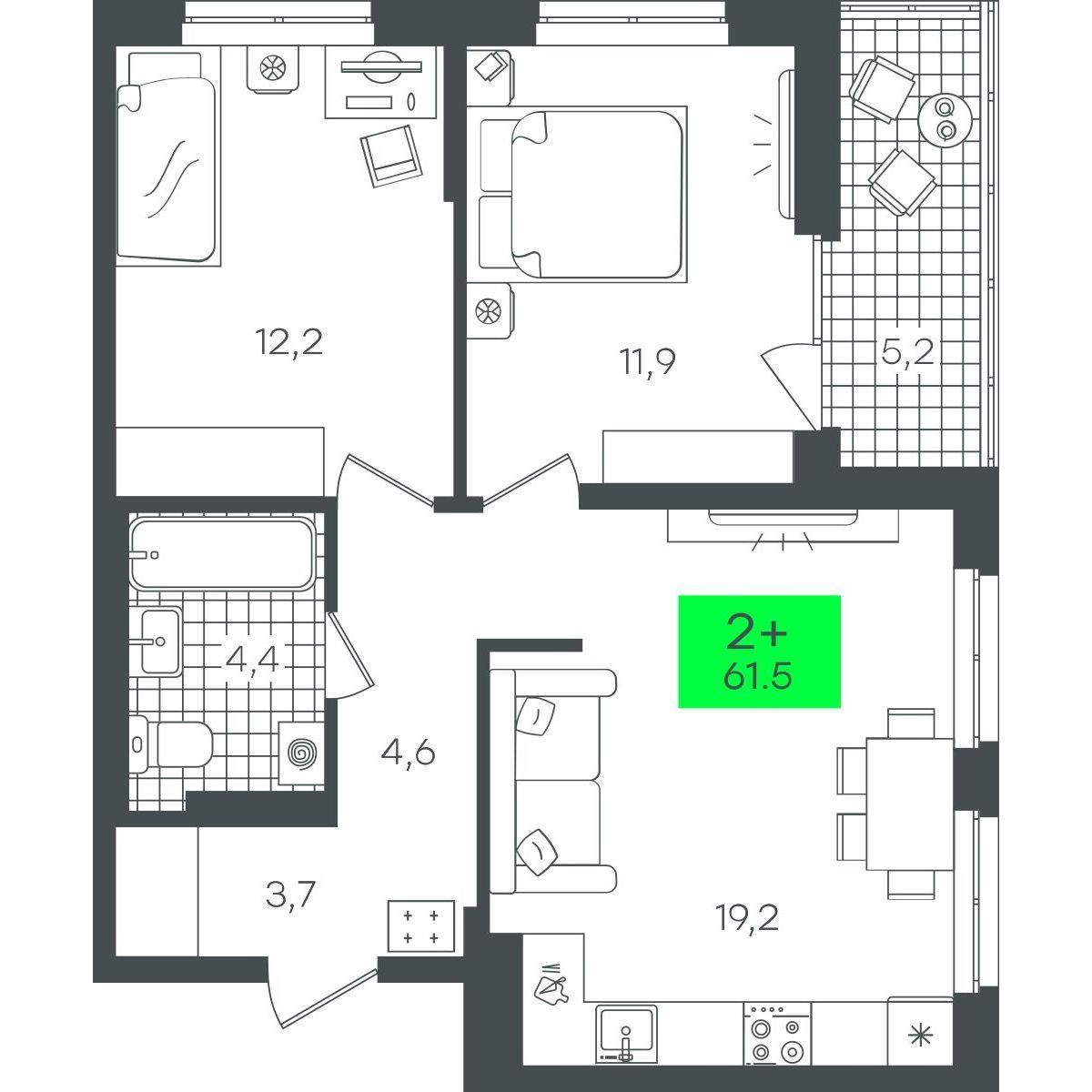 2-комнатная 61 м2 в ЖК Гранд Квартал корпус null этаж 15