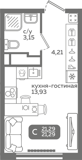 Студия 21 м2 в ЖК Меридиан Слобода корпус null этаж 14