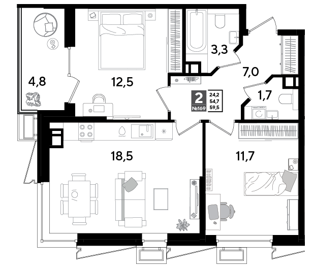 2-комнатная 58 м2 в ЖК Парк Победы 2 корпус null этаж 3