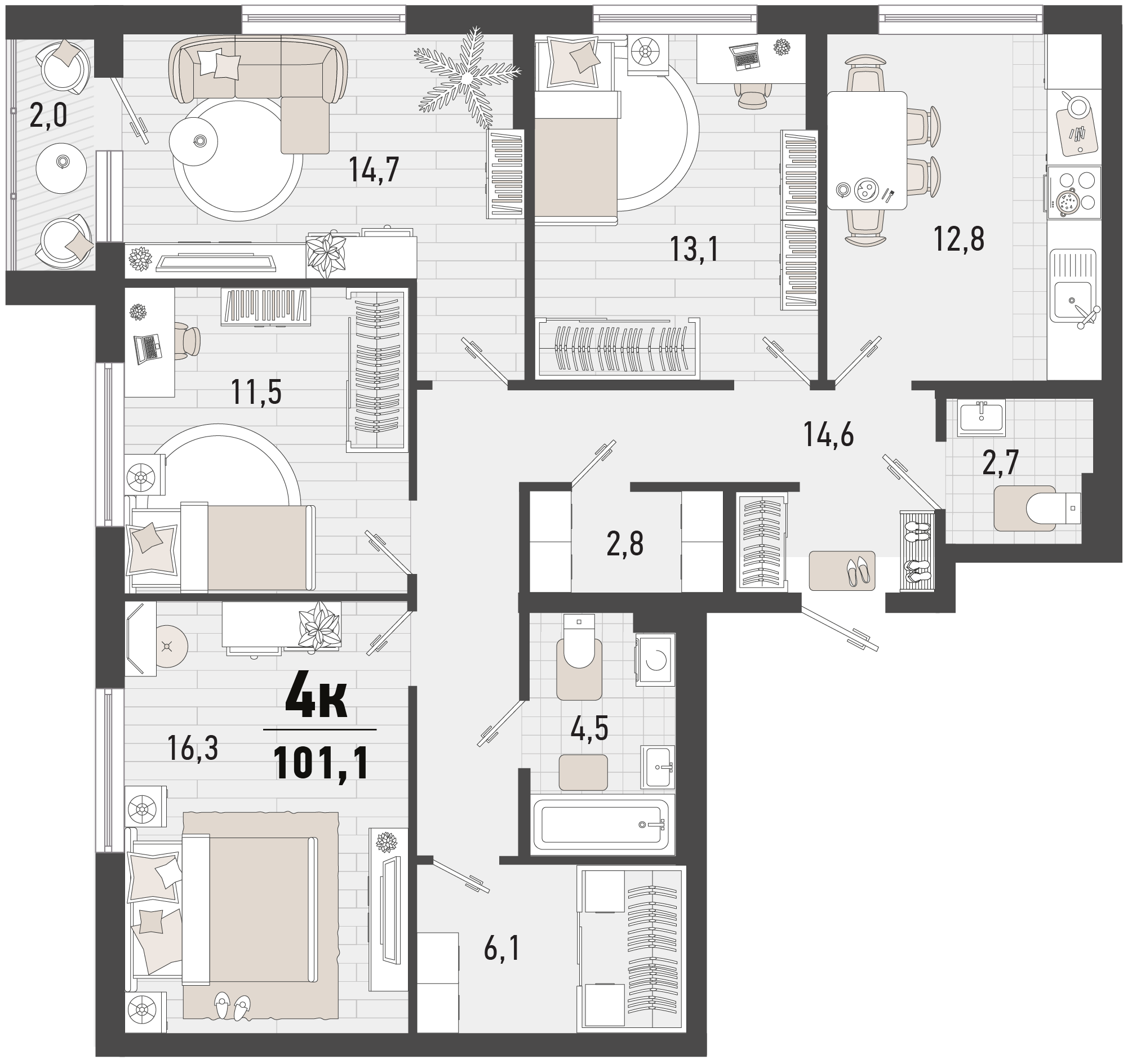 4-комнатная 101 м2 в ЖК Барса корпус null этаж 10