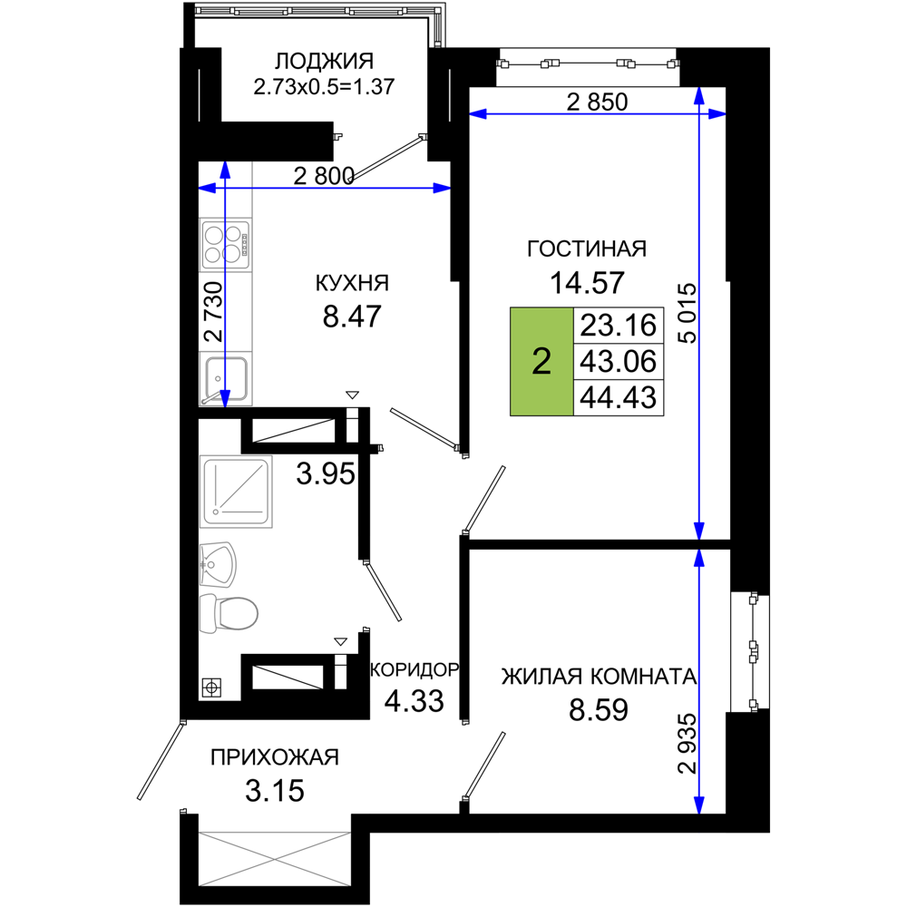 2-комнатная 44 м2 в ЖК Октябрь парк корпус null этаж 21