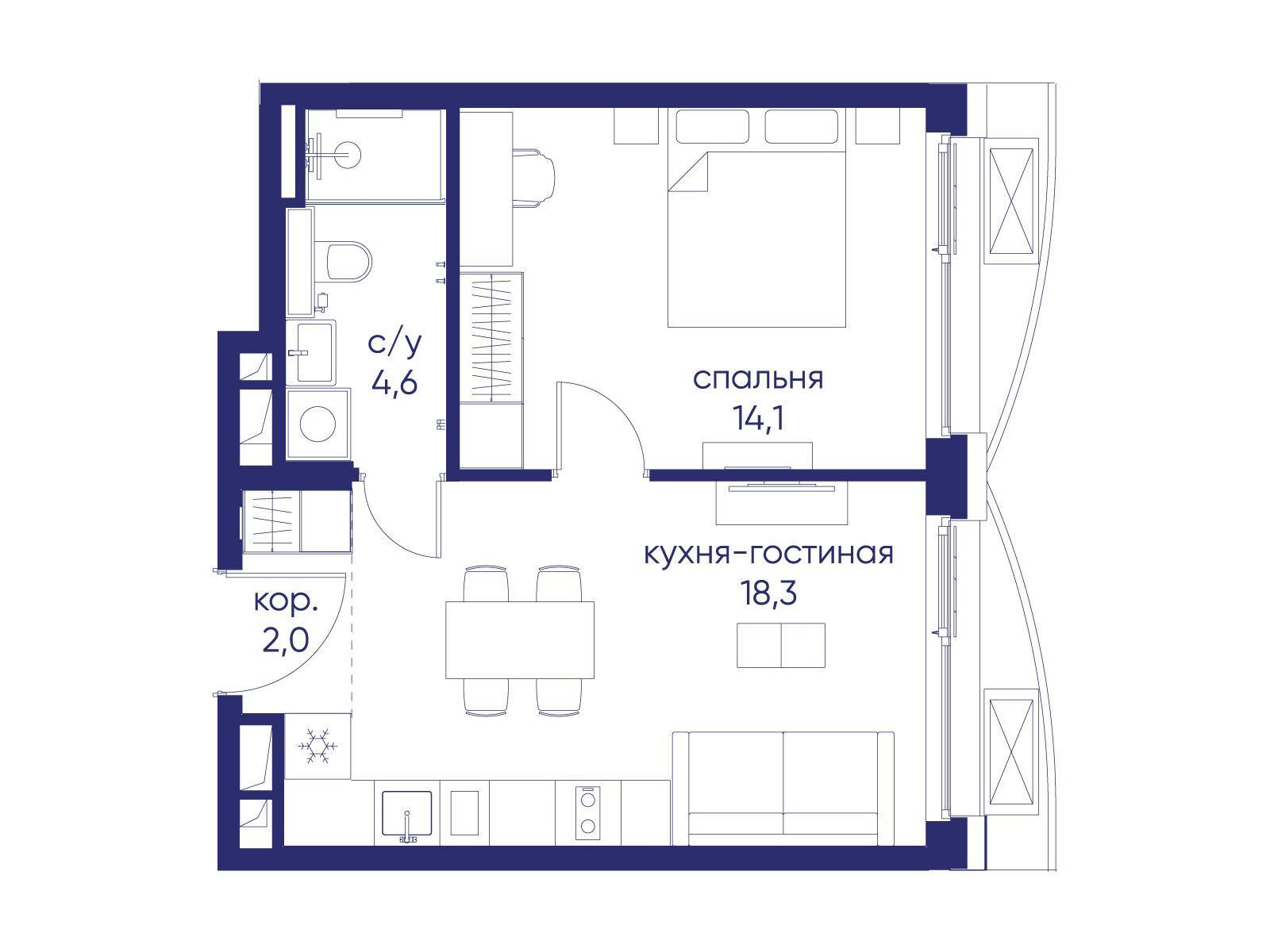 1-комнатная 39 м2 в ЖК Остров корпус null этаж 7