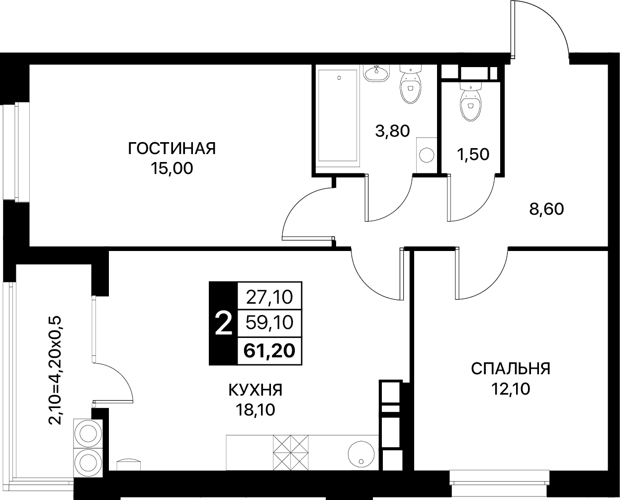 2-комнатная 61 м2 в ЖК СмартПолет корпус null этаж 15