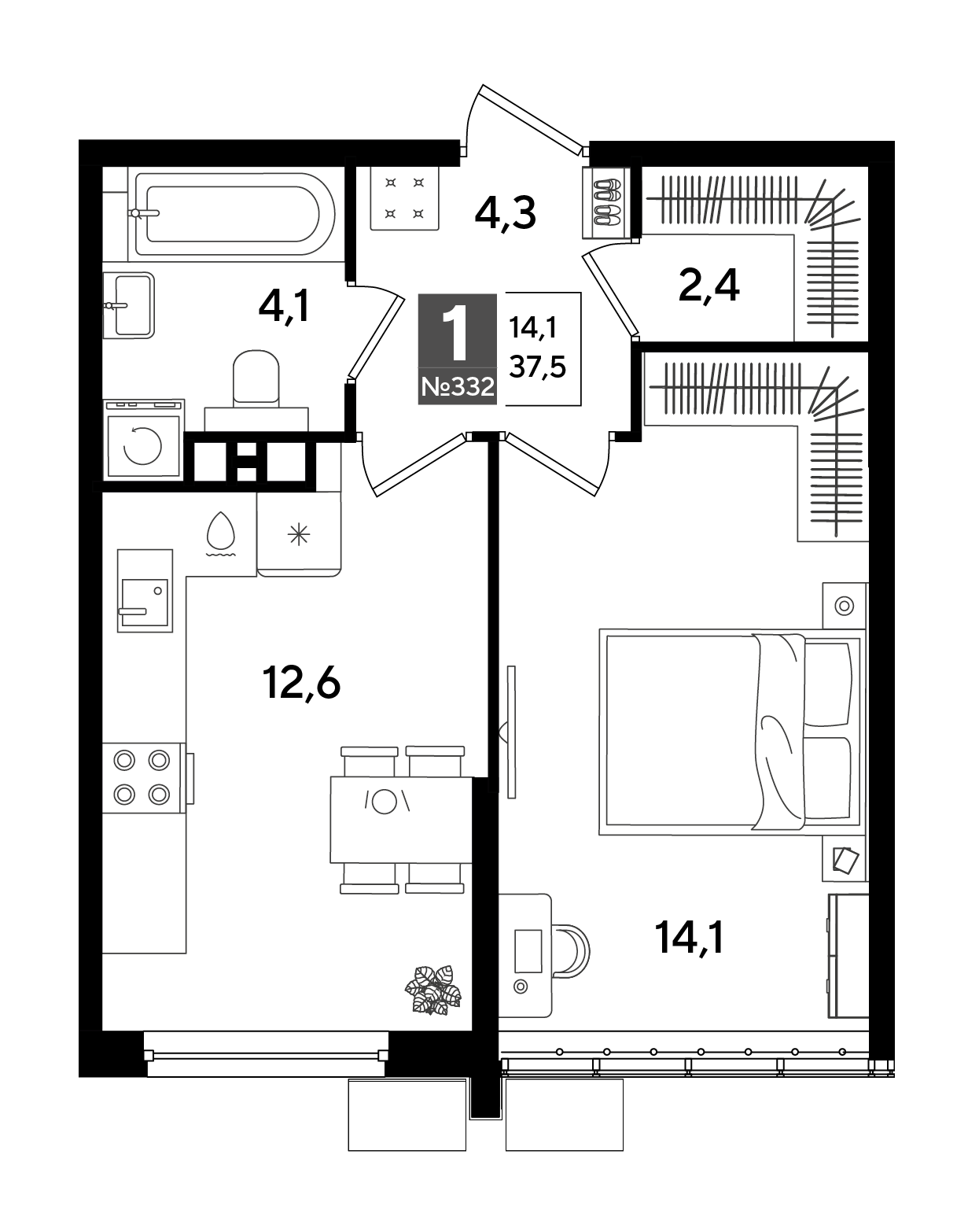 1-комнатная 37 м2 в ЖК Dogma Park корпус null этаж 7