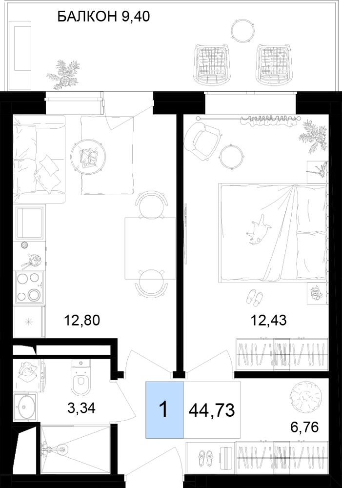 2-комнатная 44 м2 в ЖК Корсаков корпус null этаж 7