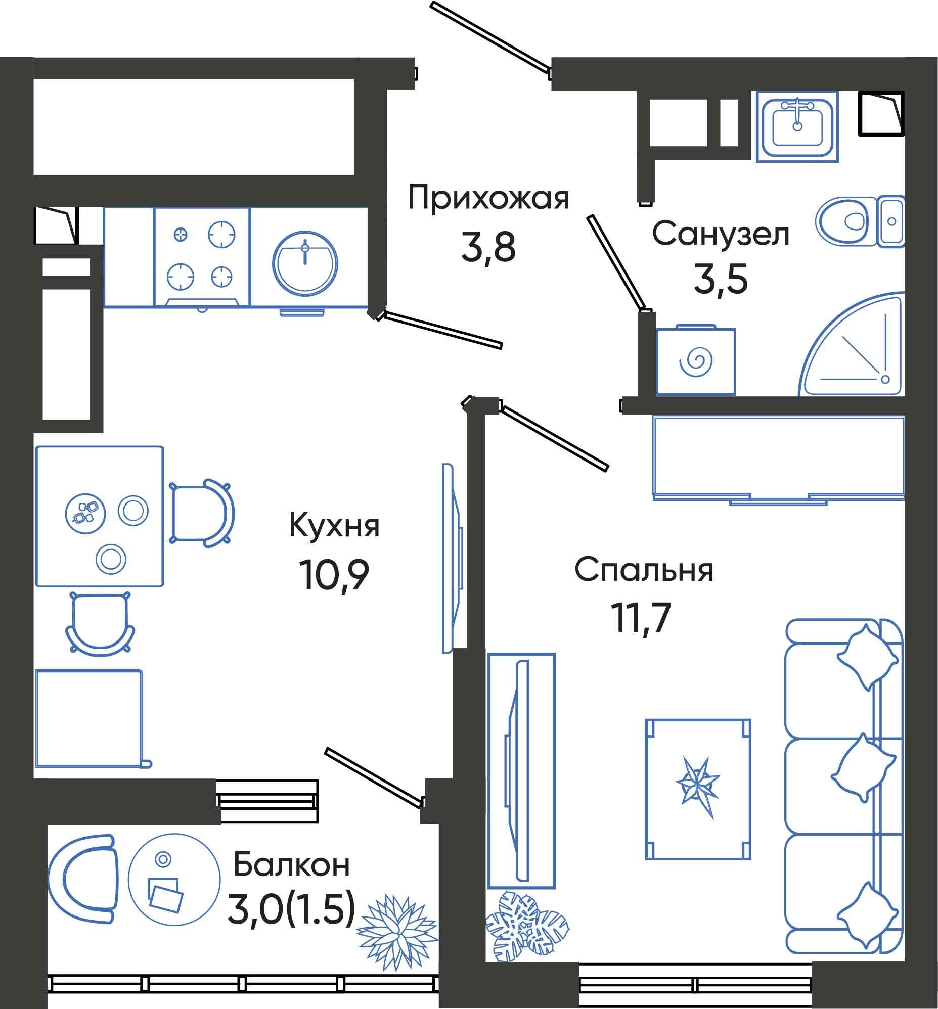 1-комнатная 31 м2 в ЖК Облака корпус null этаж 13