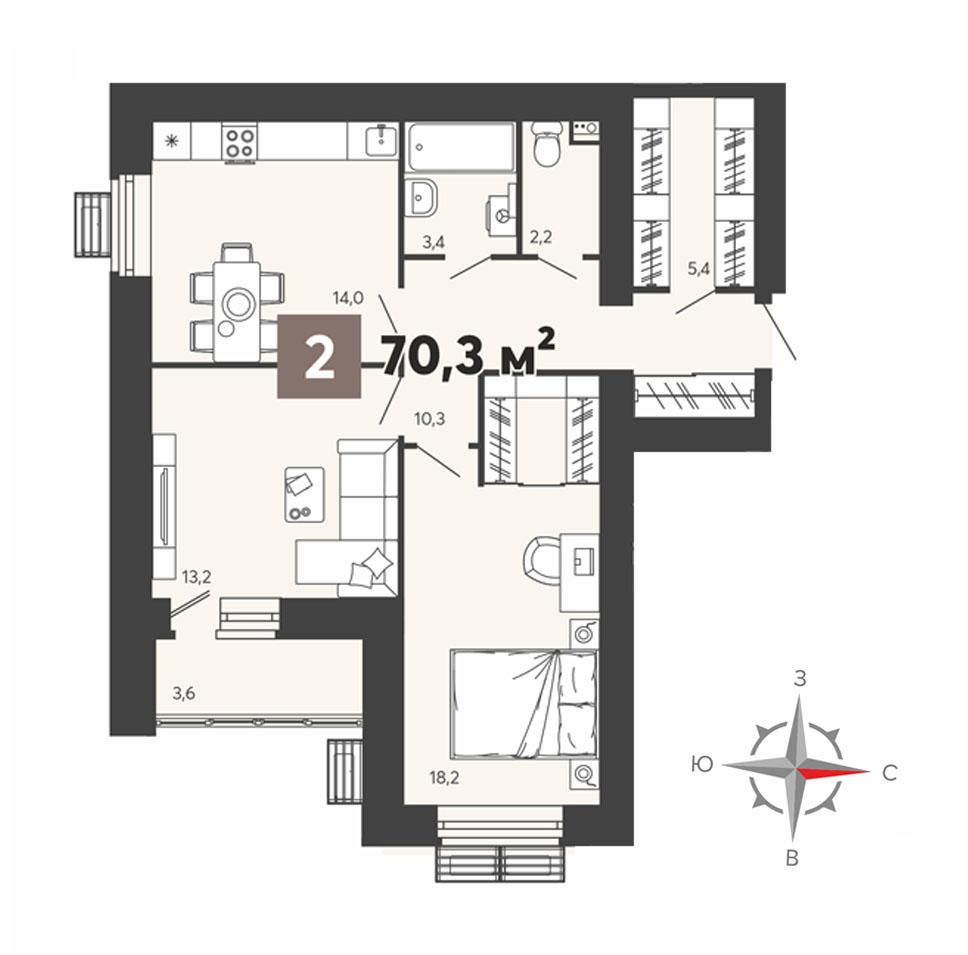 2-комнатная 70 м2 в ЖК Новелла корпус null этаж 15