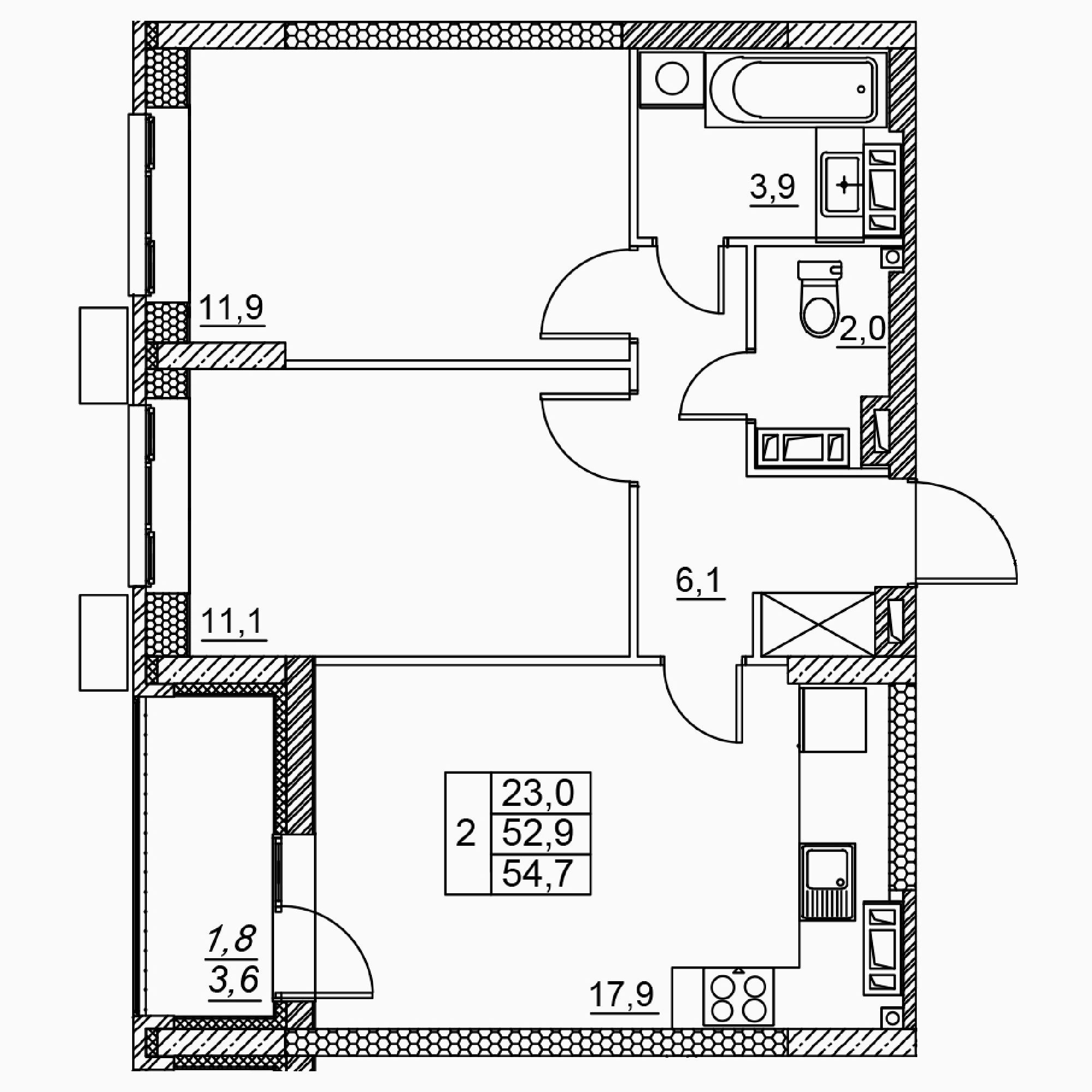 2-комнатная 54 м2 в ЖК Засекин корпус null этаж 3