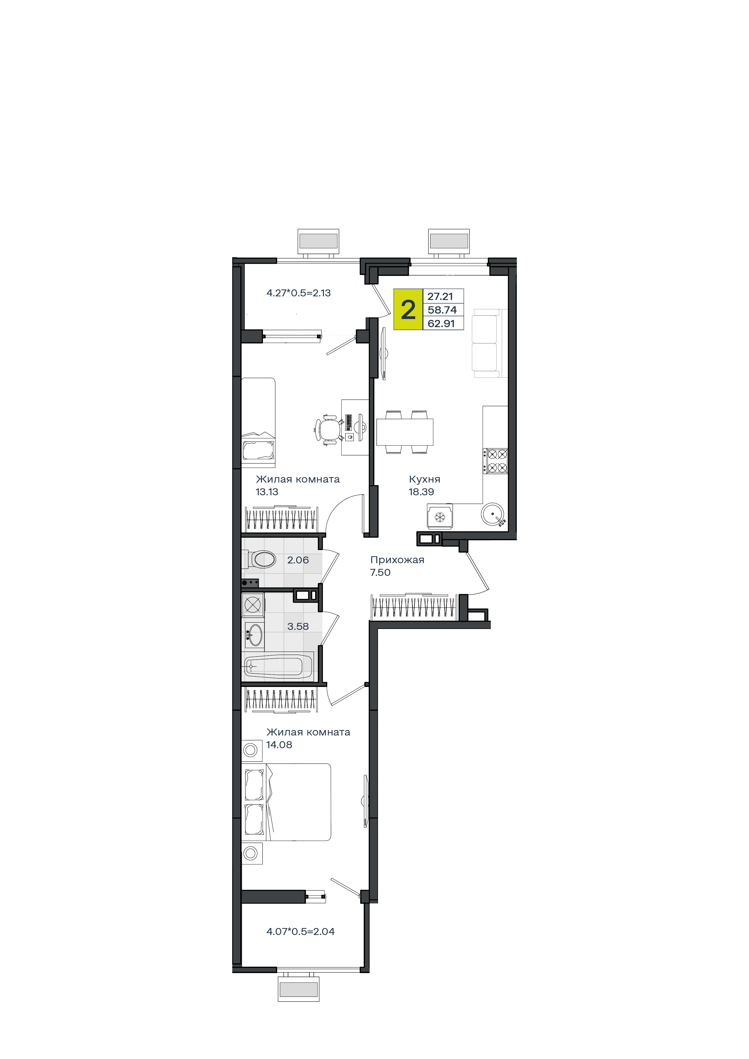 2-комнатная 63 м2 в ЖК МОНО Квартал корпус null этаж 4