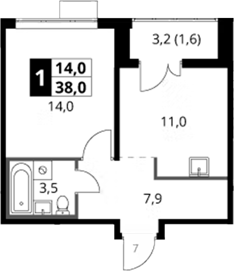 1-комнатная 38 м2 в ЖК undefined корпус null этаж 14