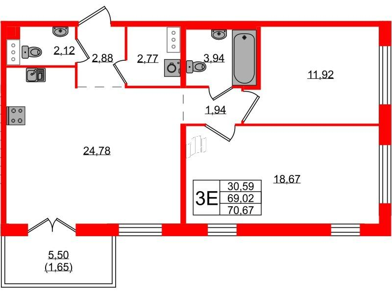 2-комнатная 71 м2 в ЖК IQ Гатчина корпус null этаж 9