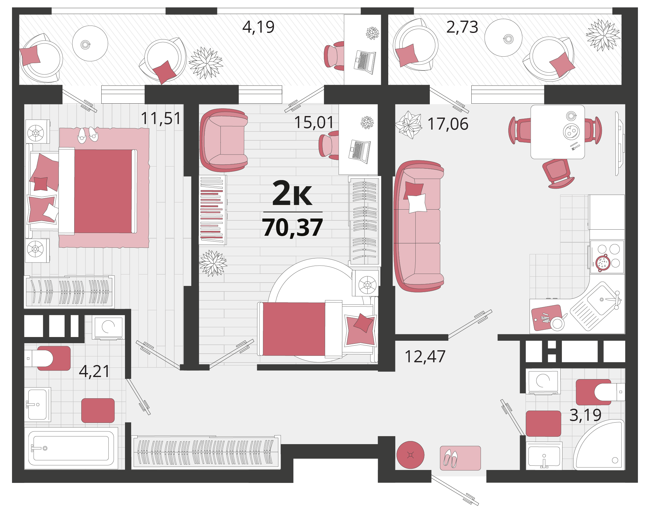 2-комнатная 70 м2 в ЖК Родные просторы корпус null этаж 2