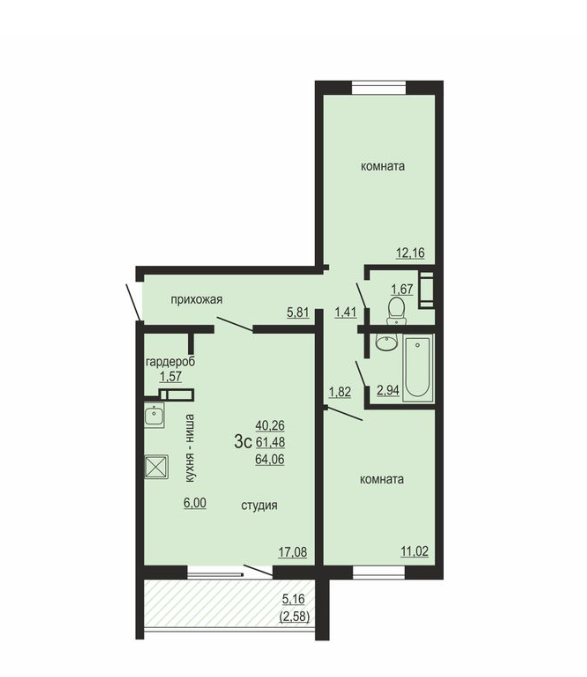 2-комнатная 64 м2 в ЖК undefined корпус null этаж 3