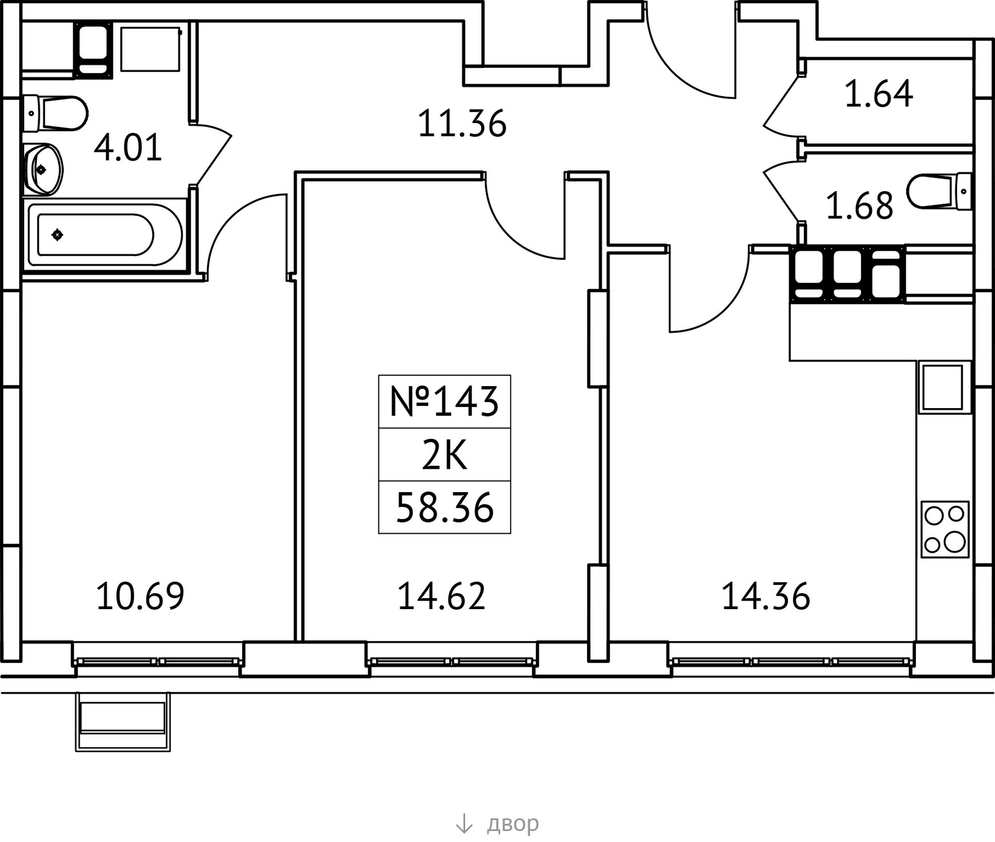 2-комнатная 58 м2 в ЖК Новотомилино корпус null этаж 12