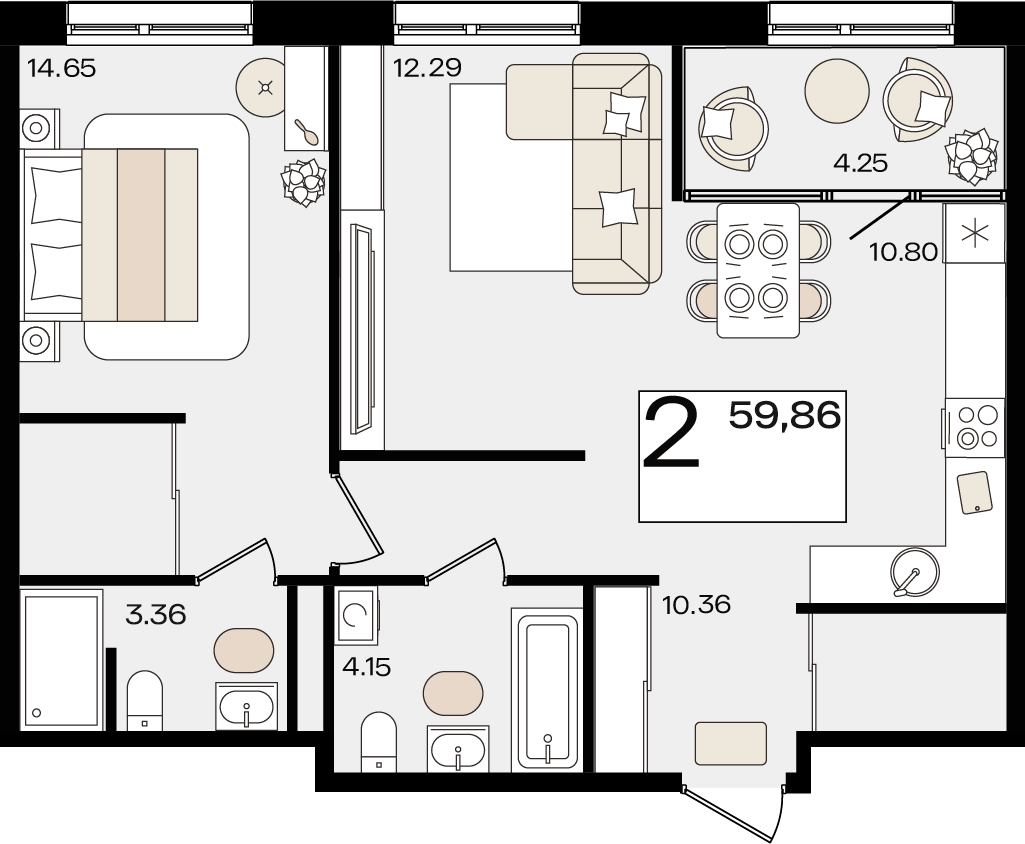 2-комнатная 59 м2 в ЖК Патрики корпус null этаж 9
