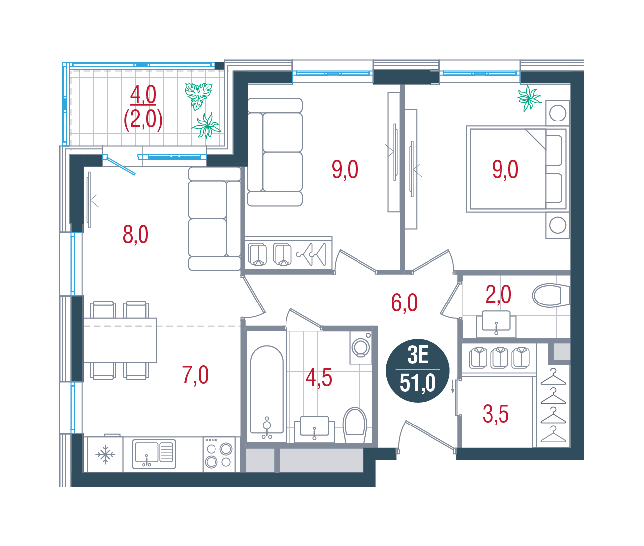 3-комнатная 51 м2 в ЖК Кантемировский корпус null этаж 32