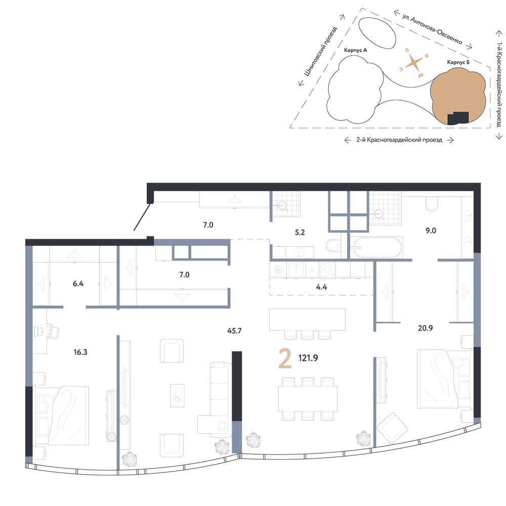 2-комнатная 121 м2 в ЖК АУРУС Резиденции корпус null этаж 64