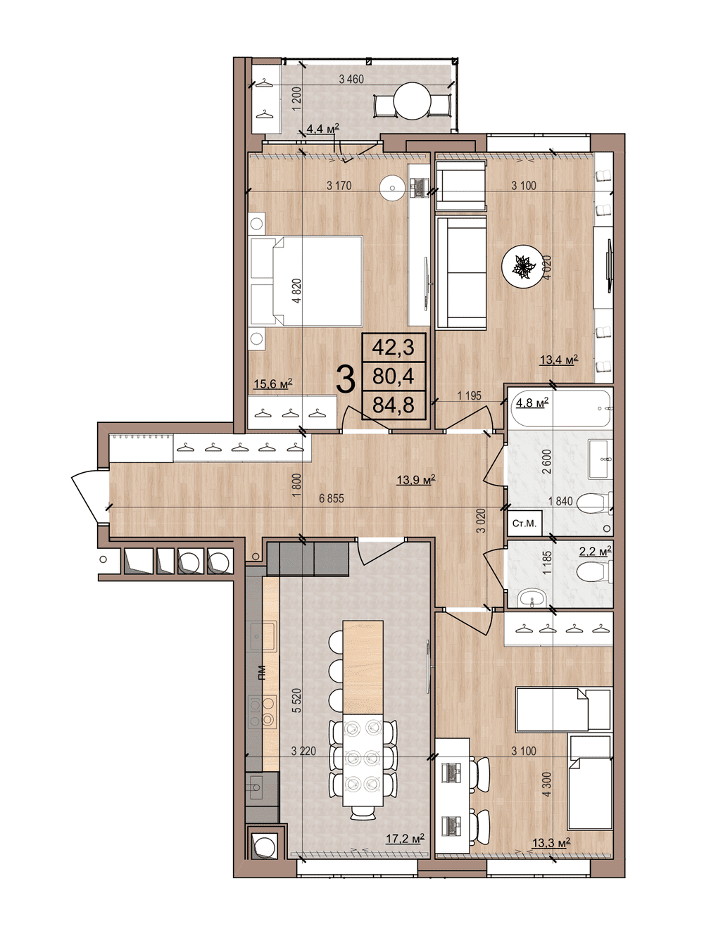 3-комнатная 84 м2 в ЖК Skyline-2 корпус null этаж 1