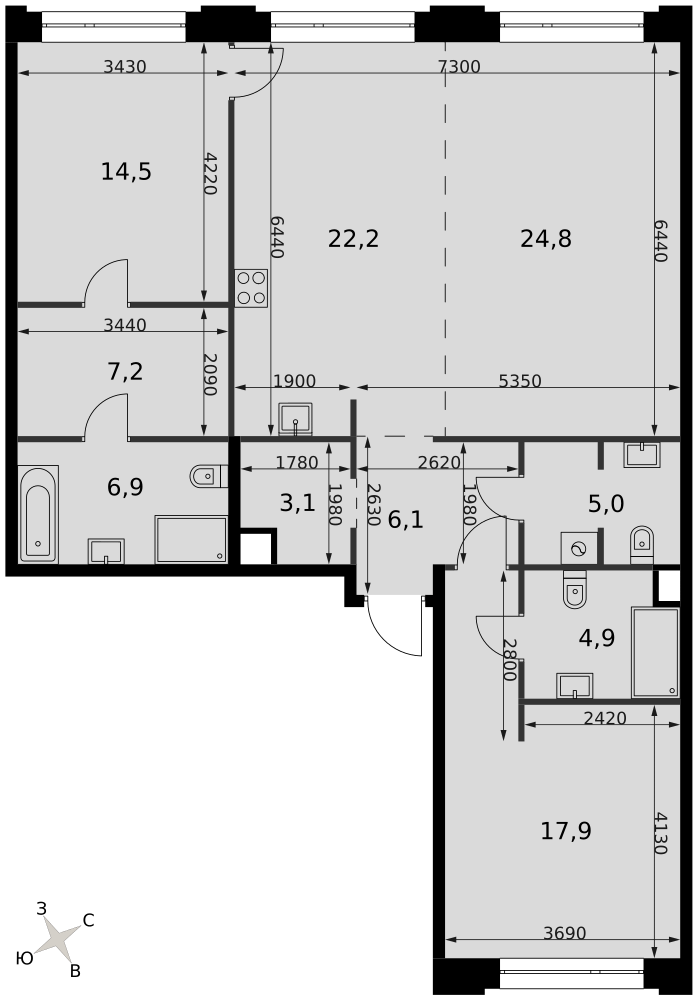 3-комнатная 112 м2 в ЖК Сидней Прайм корпус null этаж 3