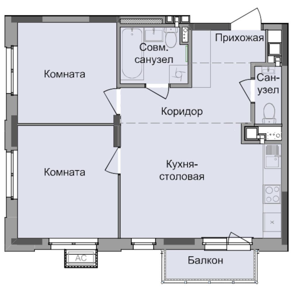 2-комнатная 55 м2 в ЖК Истории корпус null этаж 7