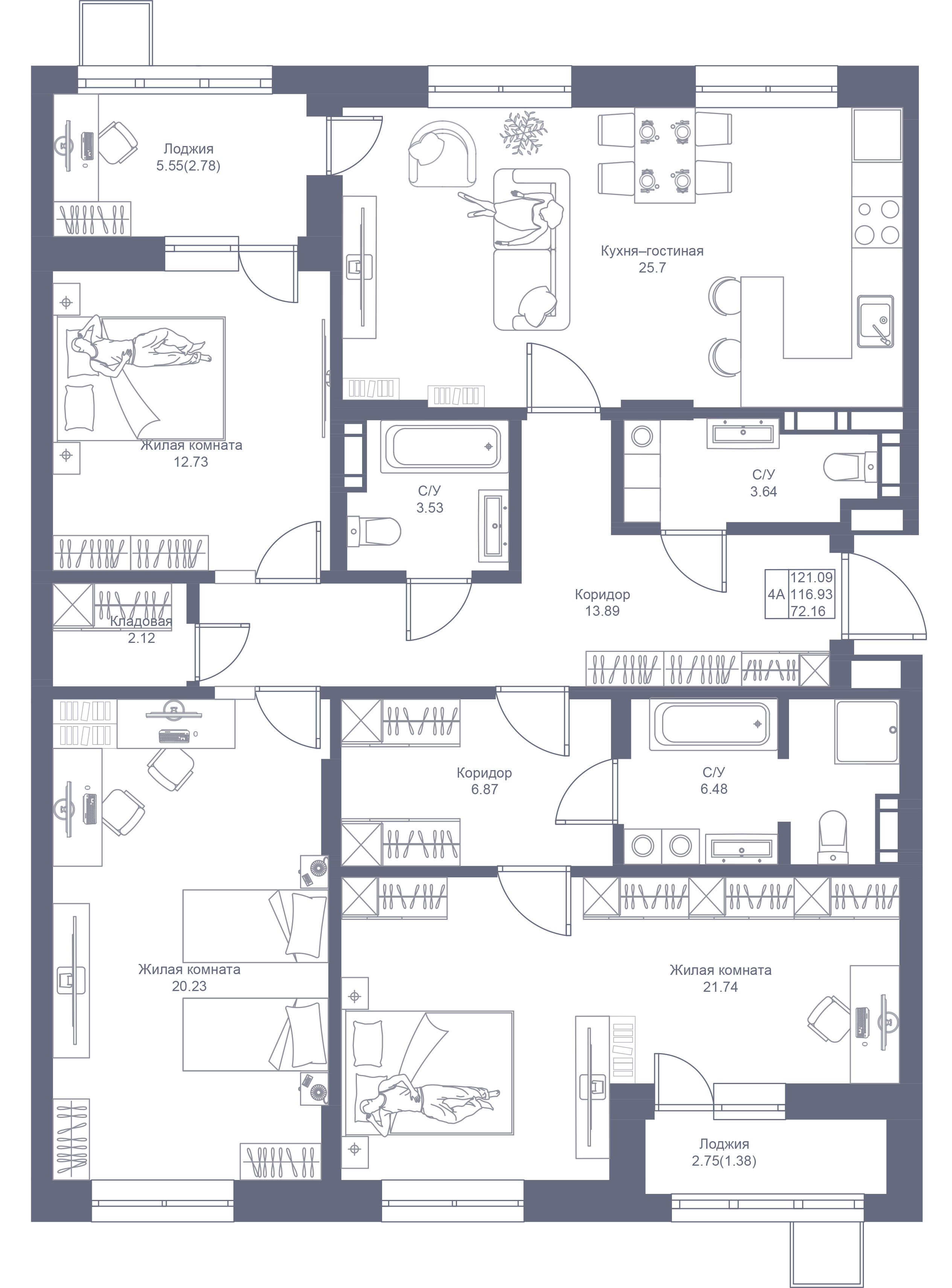 4-комнатная 121 м2 в ЖК Мой Ритм корпус null этаж 7