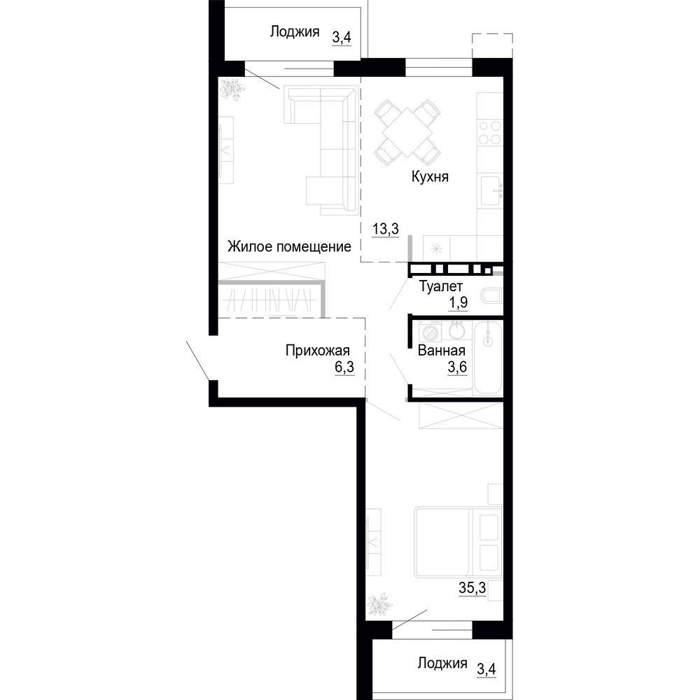 1-комнатная 60 м2 в ЖК Посёлок-парк Весна корпус null этаж 4
