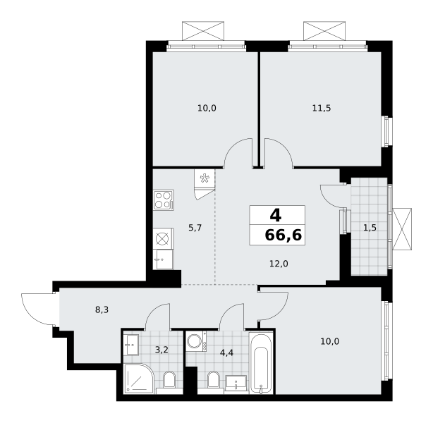 4-комнатная 66 м2 в ЖК Бунинские кварталы корпус null этаж 8