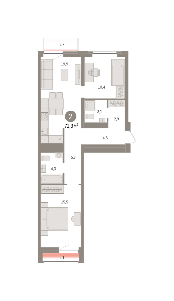 2-комнатная 71 м2 в ЖК Речной порт корпус null этаж 4