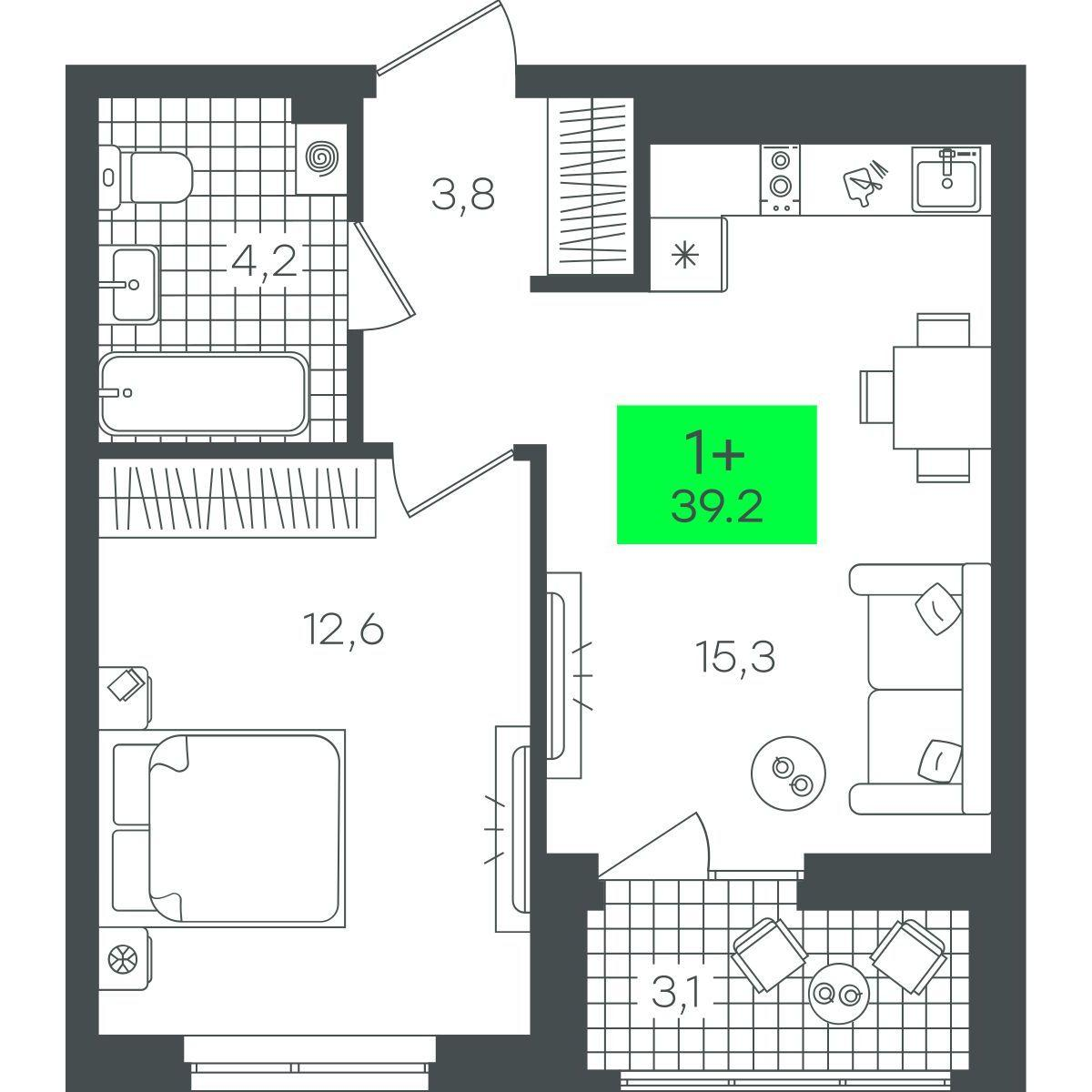 1-комнатная 39 м2 в ЖК Гранд Квартал корпус null этаж 8