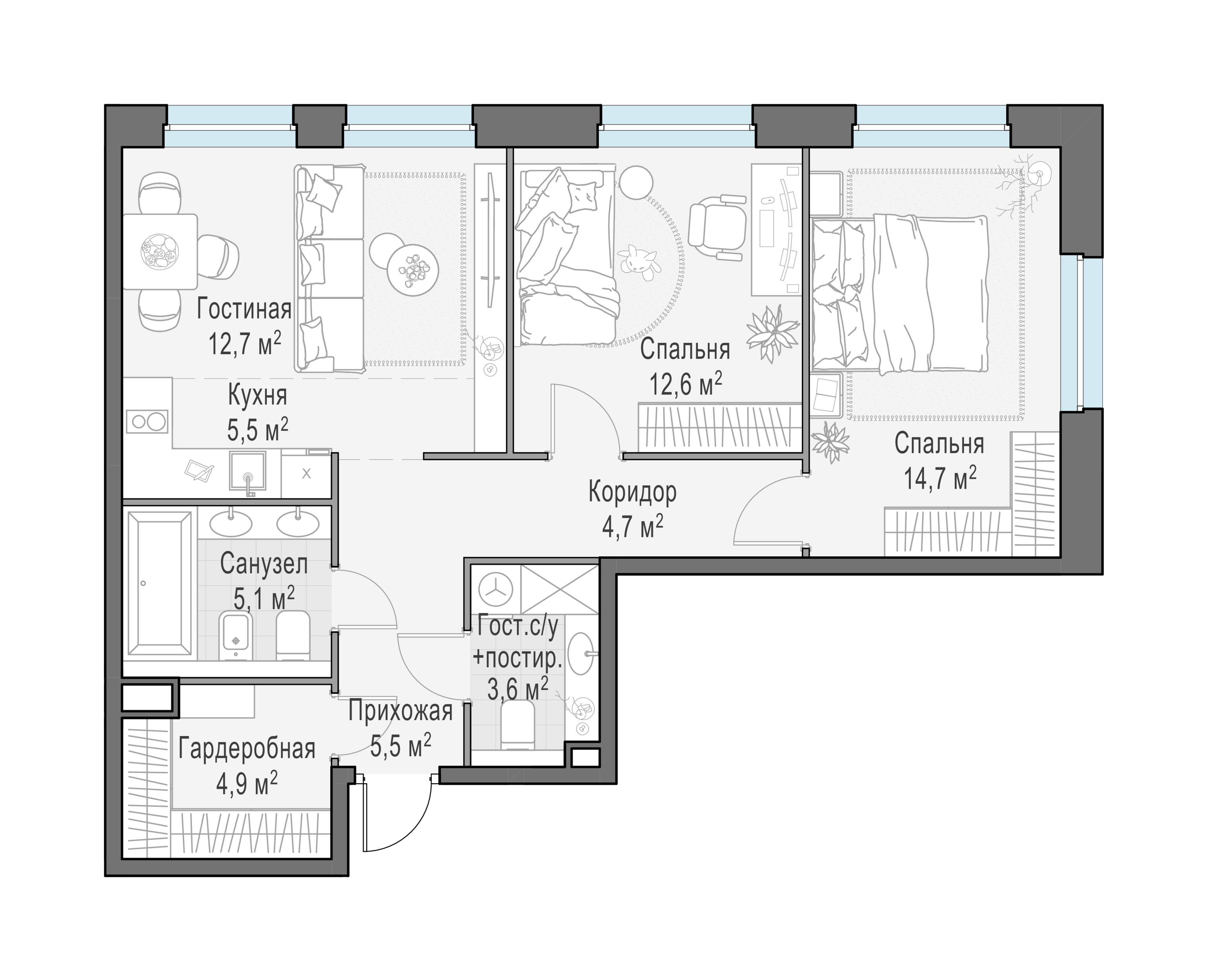 3-комнатная 69 м2 в ЖК Жилые кварталы «Белый Град» корпус null этаж 7