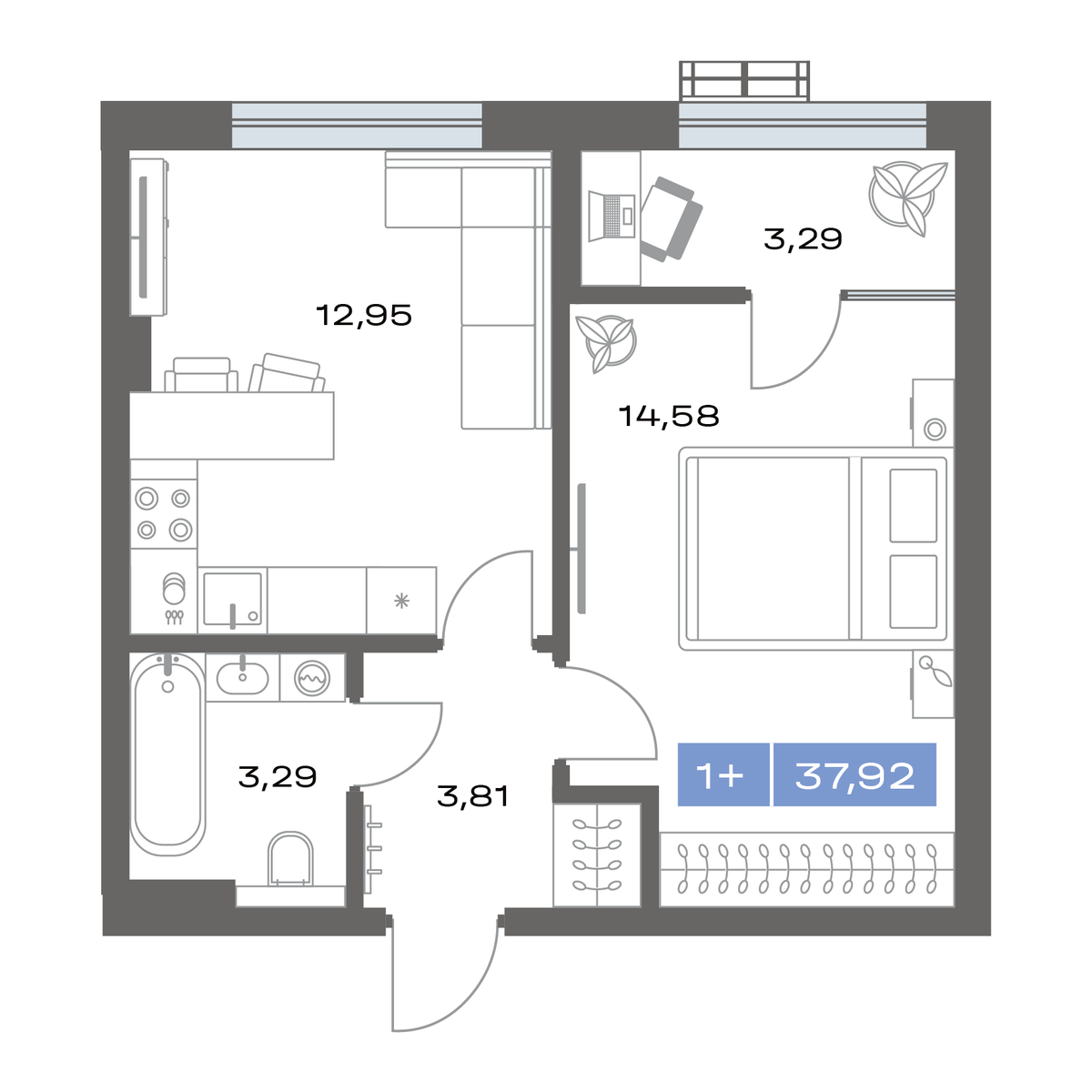 1-комнатная 37 м2 в ЖК Ритм корпус null этаж 2