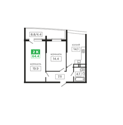 2-комнатная 65 м2 в ЖК undefined корпус null этаж 16