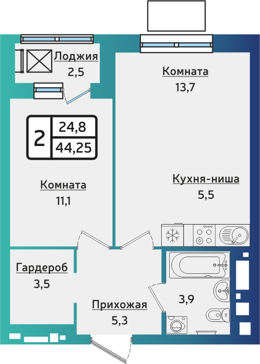 2-комнатная 44 м2 в ЖК ARTNOVA корпус null этаж 11