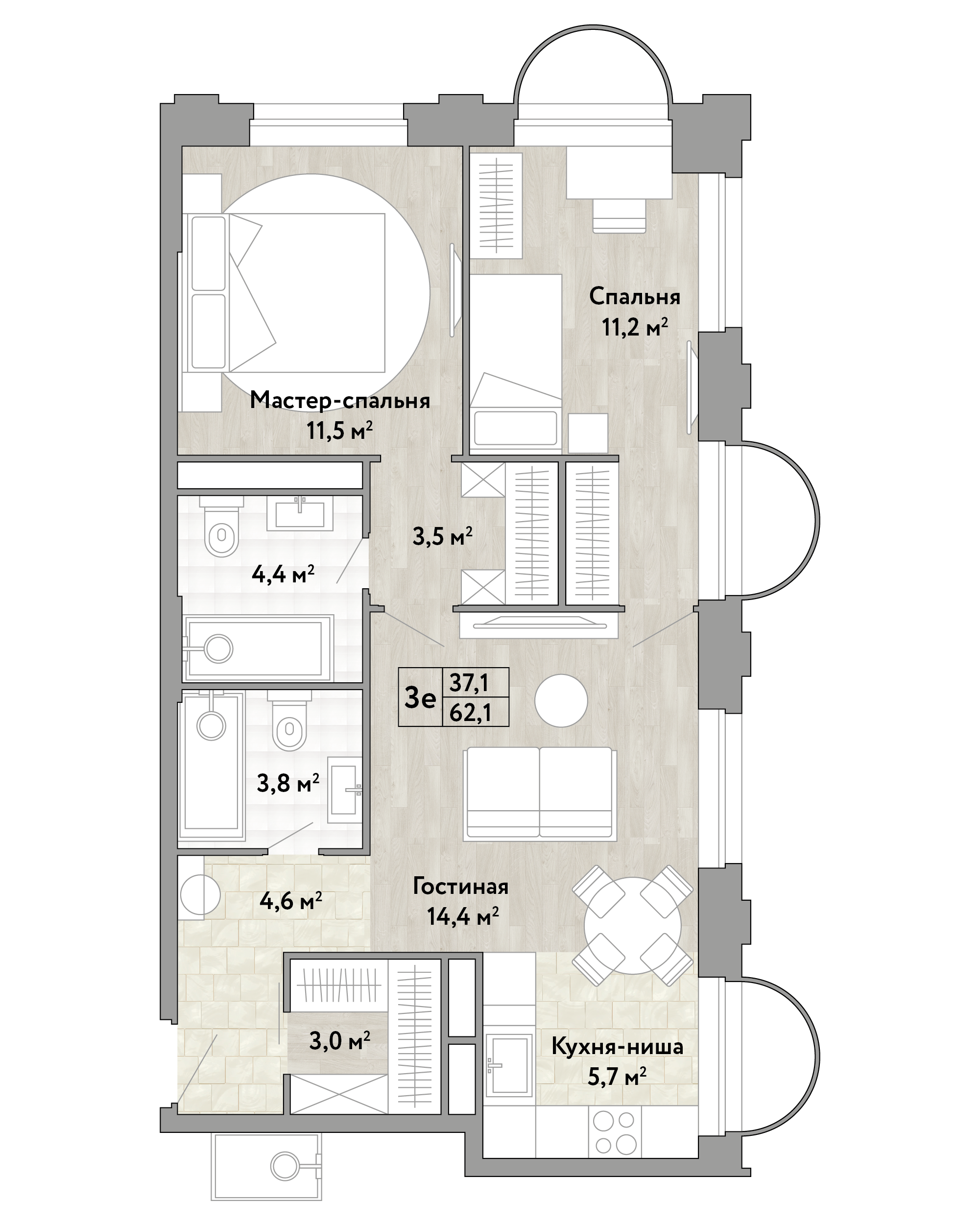 2-комнатная 62 м2 в ЖК Новые Смыслы корпус null этаж 2