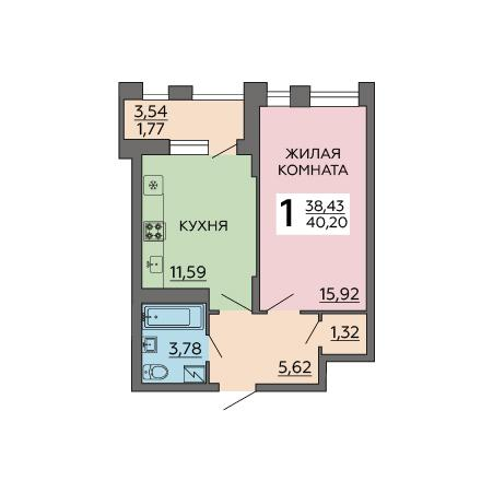 1-комнатная 40 м2 в ЖК Квартал 45 корпус null этаж 18