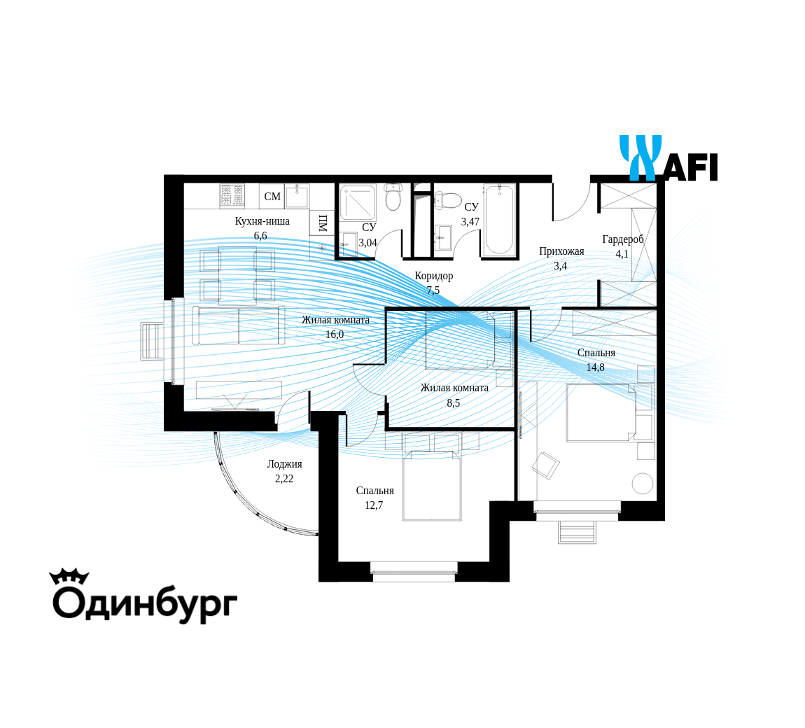 3-комнатная 82 м2 в ЖК Одинбург корпус null этаж 14