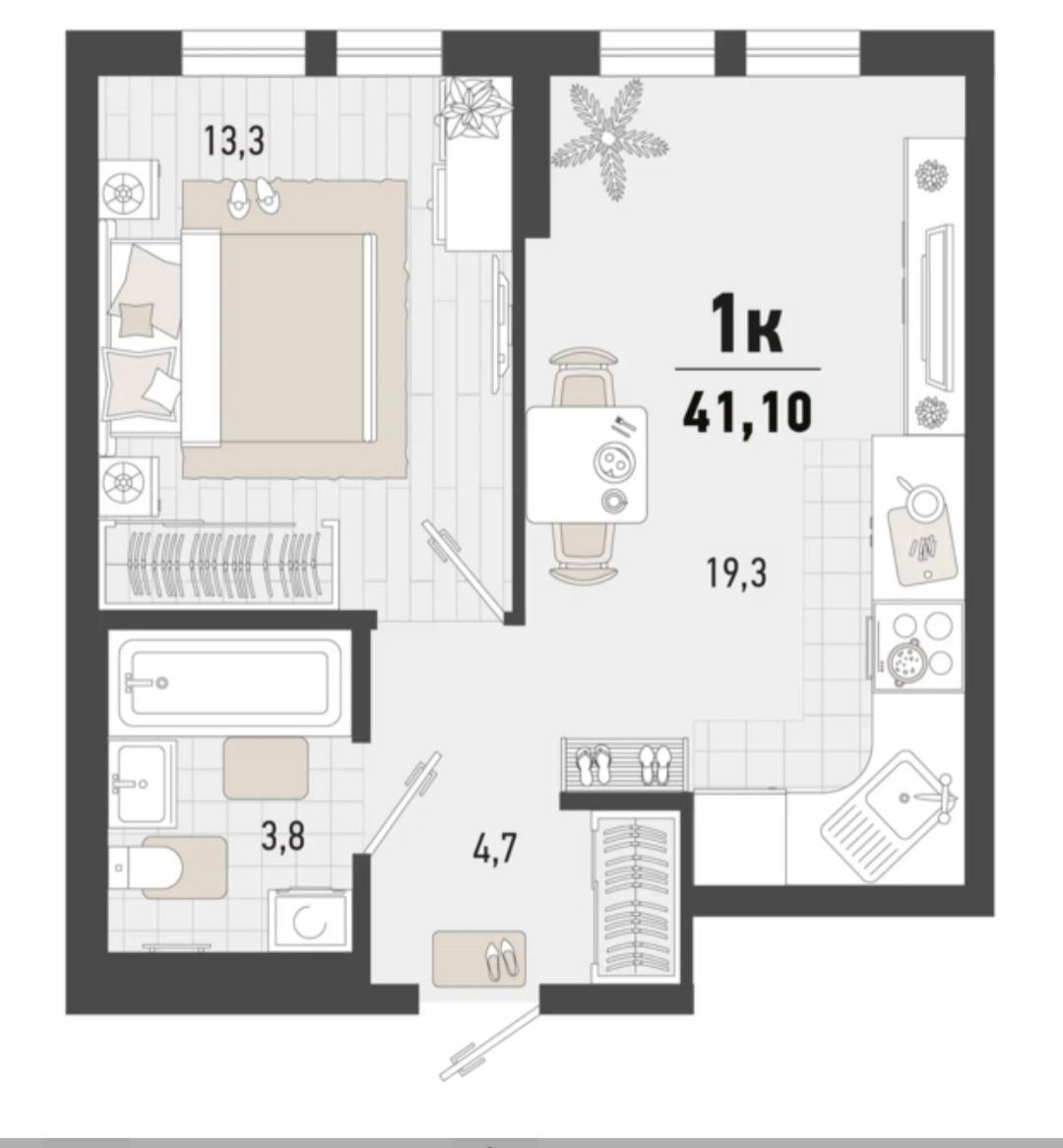 1-комнатная 41 м2 в ЖК undefined корпус null этаж 1