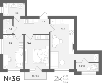 2-комнатная 56 м2 в ЖК МС18 корпус null этаж 6