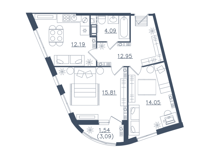 2-комнатная 60 м2 в ЖК Мир внутри корпус null этаж 1