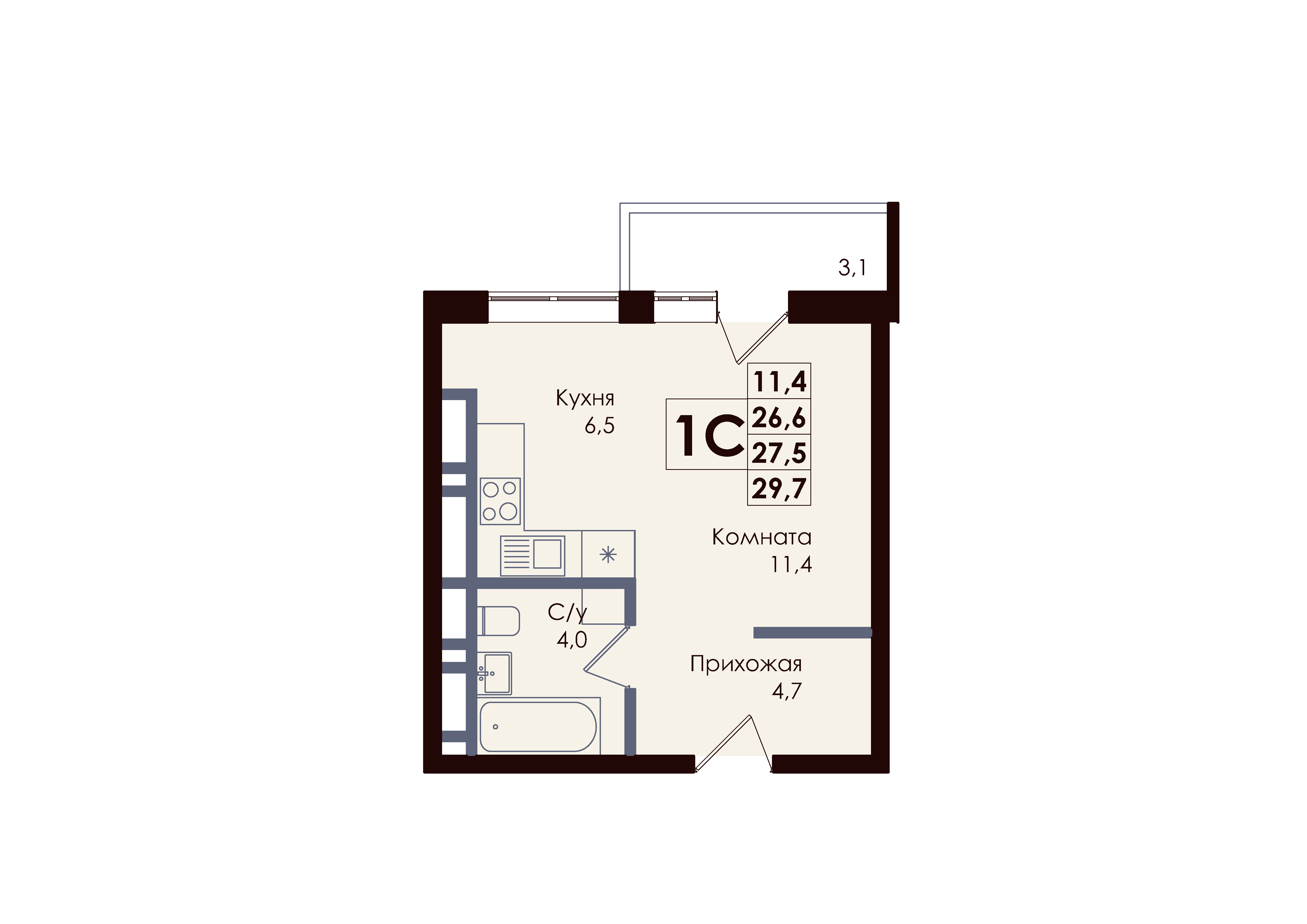Студия 27 м2 в ЖК ACADEMIA корпус null этаж 12