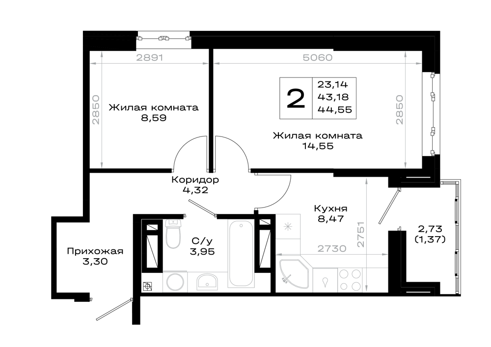 2-комнатная 44 м2 в ЖК Октябрь парк корпус null этаж 9