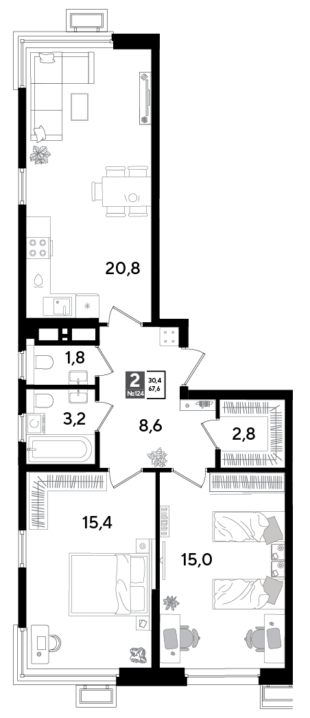 2-комнатная 66 м2 в ЖК Парк Победы 2 корпус null этаж 15