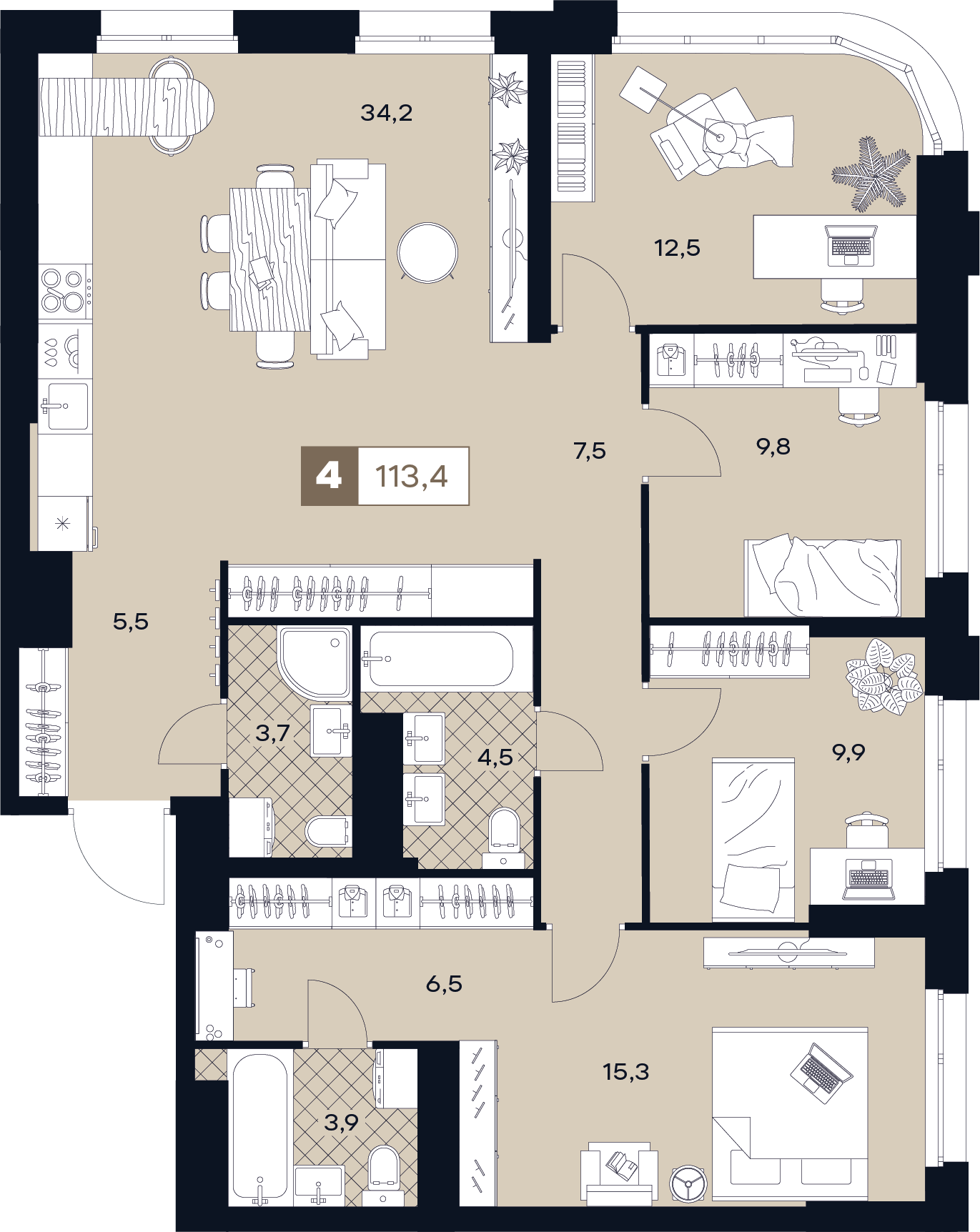 4-комнатная 113 м2 в ЖК Юту корпус null этаж 14