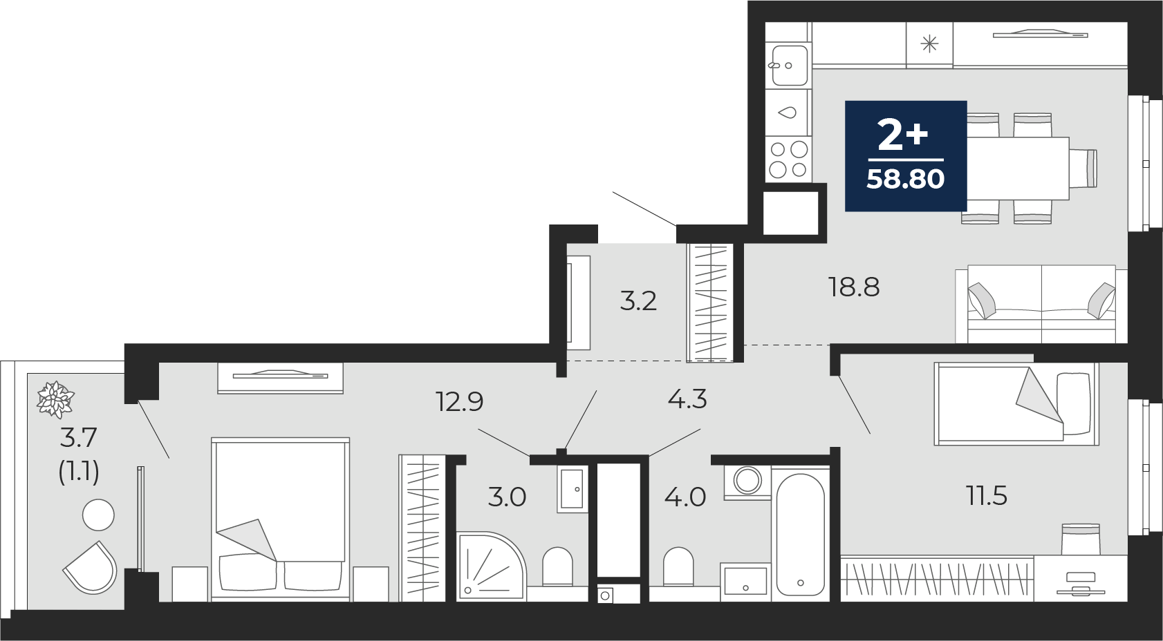 2-комнатная 57 м2 в ЖК Мириады корпус null этаж 14