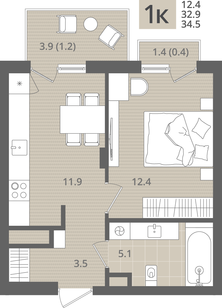 1-комнатная 34 м2 в ЖК МО’РЕ корпус null этаж 7
