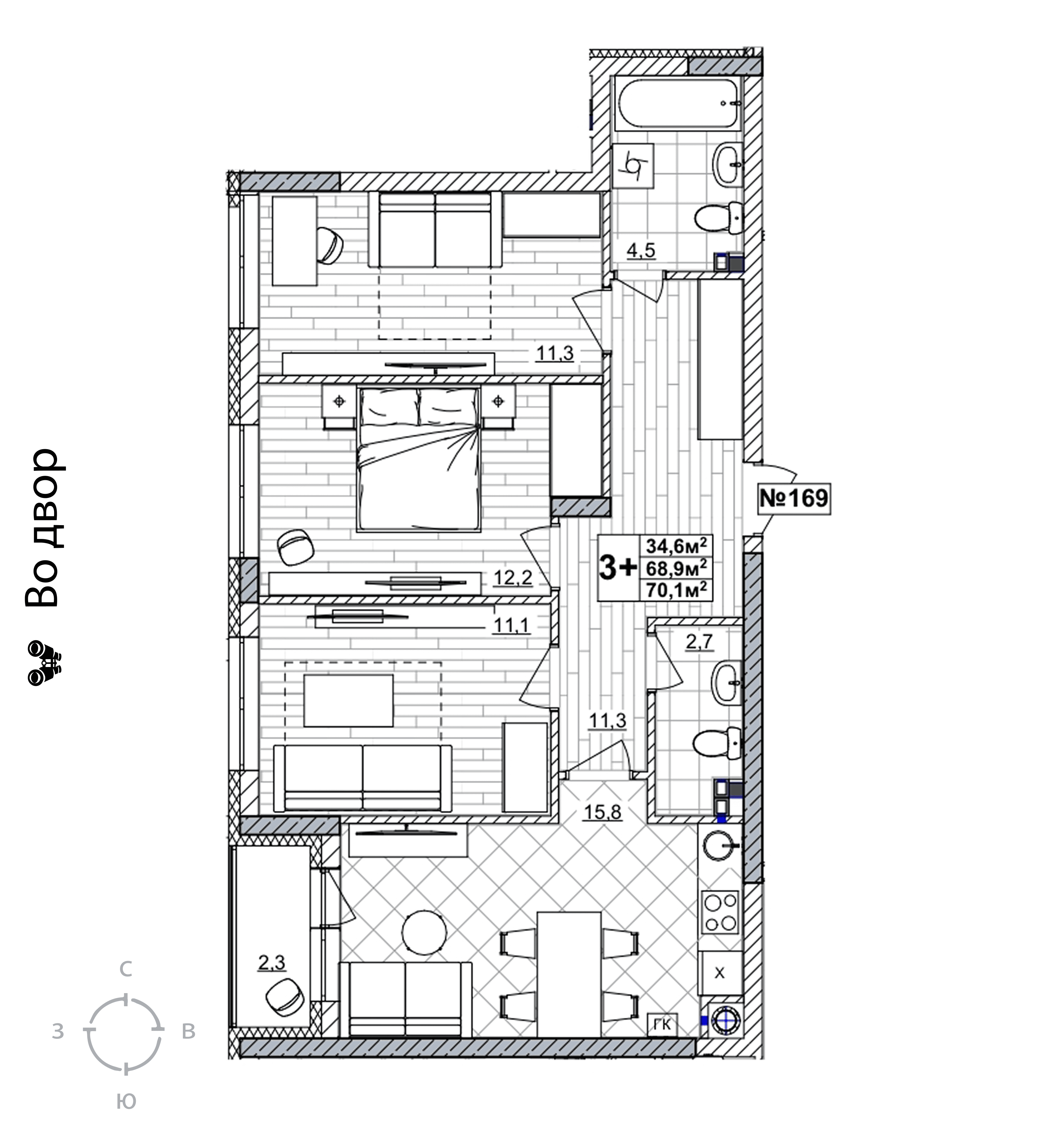 3-комнатная 70 м2 в ЖК Смородина корпус null этаж 1