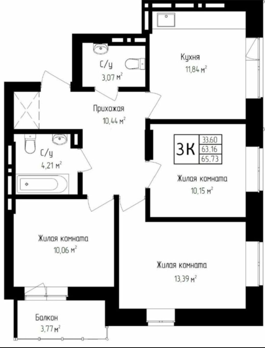 3-комнатная 63 м2 в ЖК undefined корпус null этаж 18
